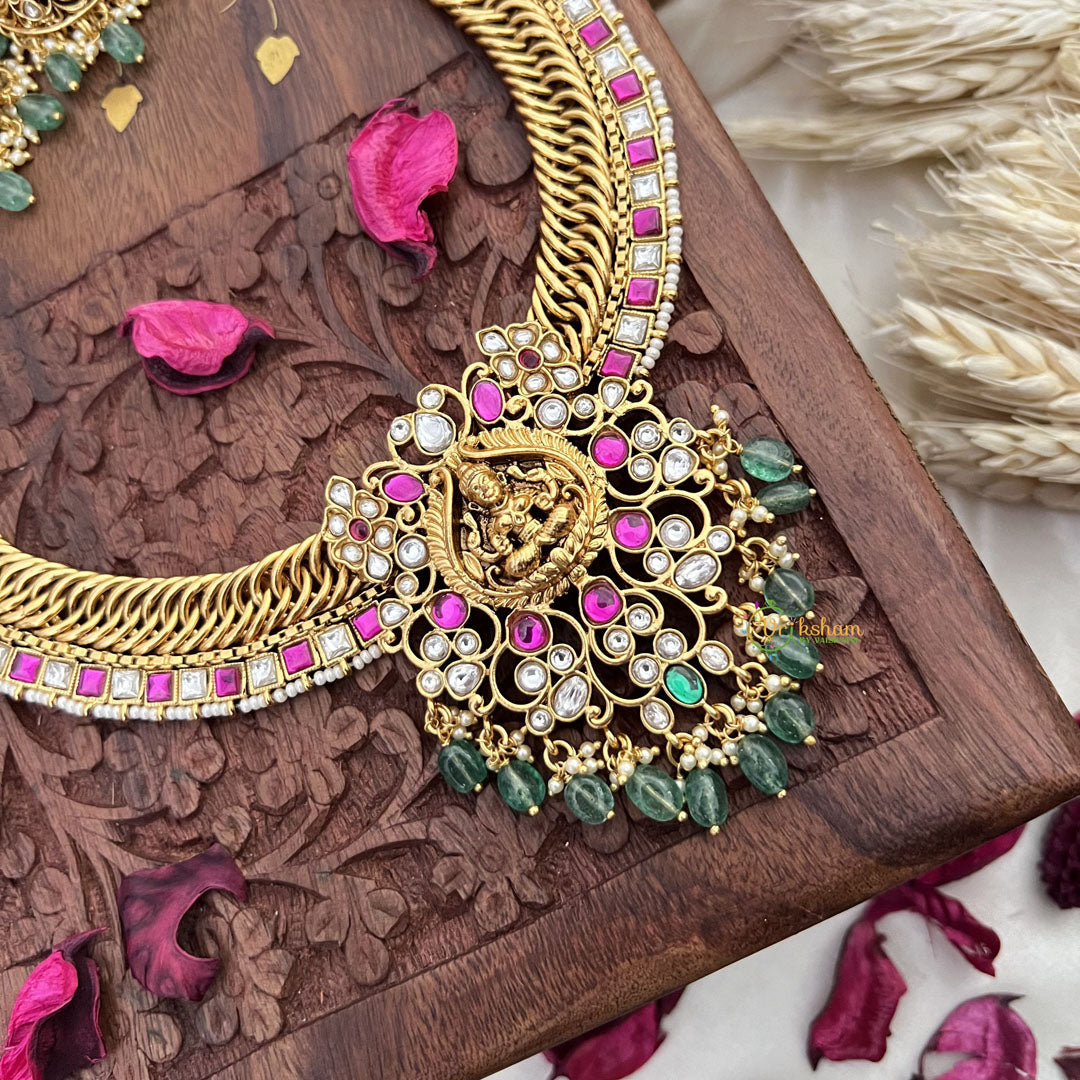 Vriksham Jalebi Style Lakshmi Pendant Long Neckpiece-Red White-Pastel Green Bead-G18090
