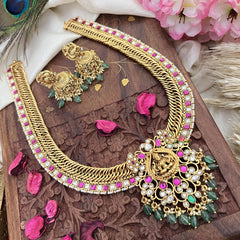 Vriksham Jalebi Style Lakshmi Pendant Long Neckpiece-Red White-Pastel Green Bead-G18090