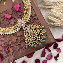Vriksham Dual Peacock Pendant Jalebi Style Long Neckpiece-Red White-Pastel Green Bead-G18091