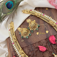Vriksham Dual Peacock Pendant Jalebi Style Long Neckpiece-Red White-Pastel Green Bead-G18091