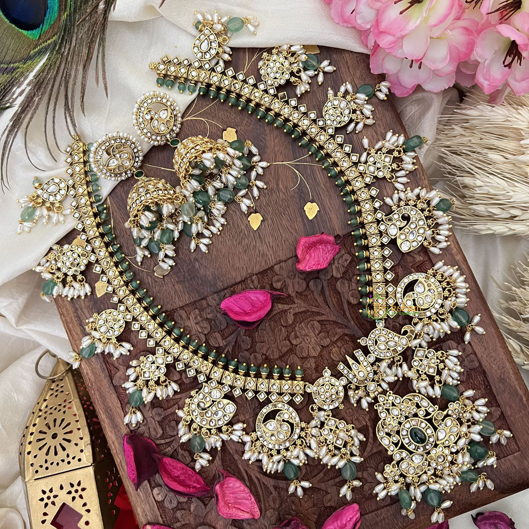 Vriksham Exquisite Nita Ambani Long Guttapusalu Neckpiece-White-Pastel Green Bead-G18099