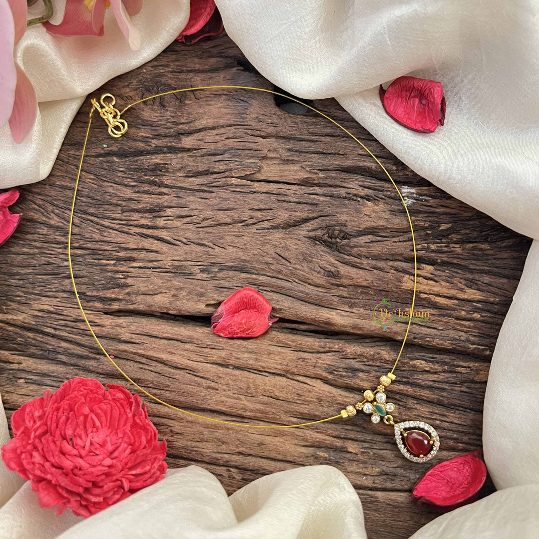 Vriksham Classic Pear Shape AD Stone Pendant Invisible Chain-Red-G20595