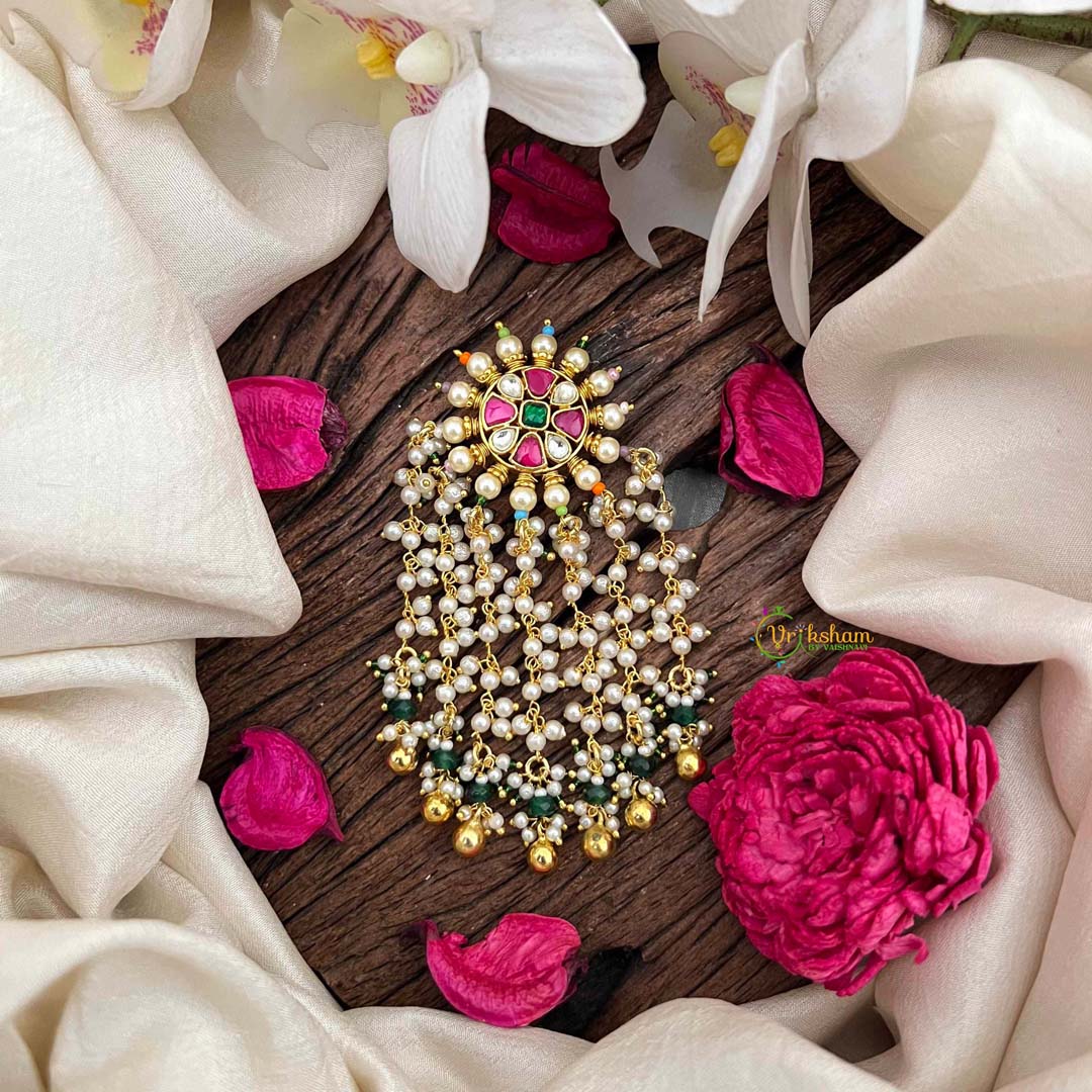 Vriksham Elegant Minimalist White Stone Floral Jada Billai- Red White& Green- Gold Bead-G21373