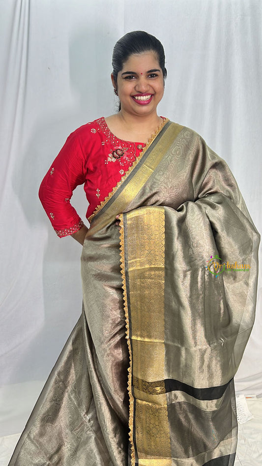 Grey Color Janhvi Kapoor's Organza Saree-Handloom-VS3373