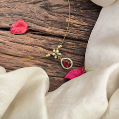 Vriksham Classic Pear Shape AD Stone Pendant Invisible Chain-Red-G20595