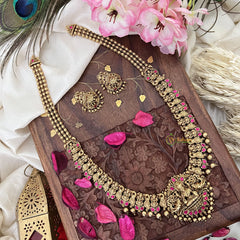Vriksham Gold Look Alike Lakshmi Long Neckpiece-Red-Golden Bead-G18094