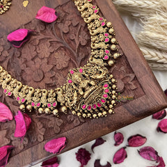 Vriksham Gold Look Alike Lakshmi Long Neckpiece-Red-Golden Bead-G18094