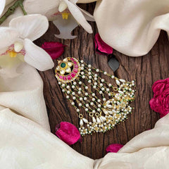 Vriksham Half Moon & Floral Style Pearls Drop Line Jada Billai- Red & Green-Rice Pearls-G21377