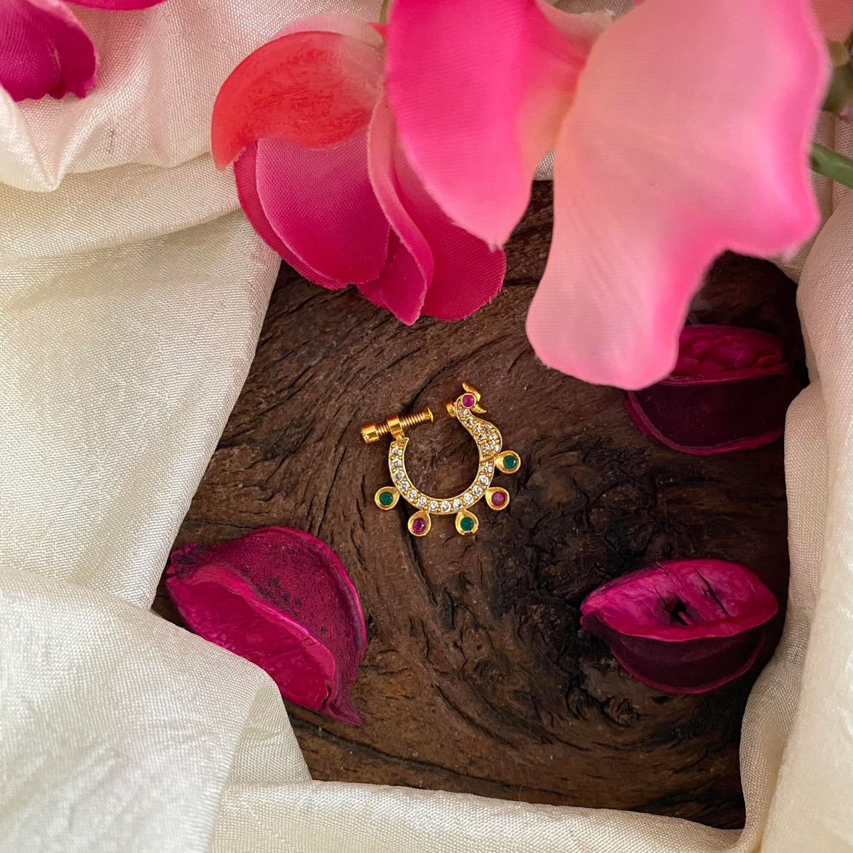 Red Green AD Stone Peacock Nath / Nose pin-G13800