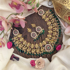 Vriksham Lakshmi And Peacock Short Neckpiece-Green Bead-G16462