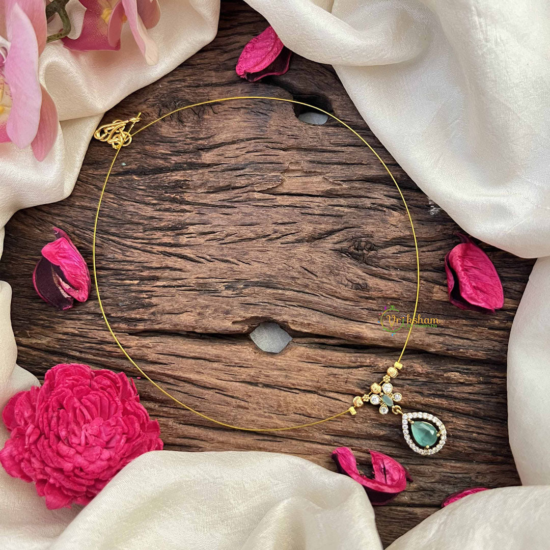 Vriksham Classic Pear Shape AD Stone Pendant Invisible Chain-Aqua Green-G20597