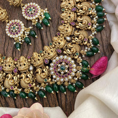 Vriksham Lakshmi And Peacock Short Neckpiece-Green Bead-G16462
