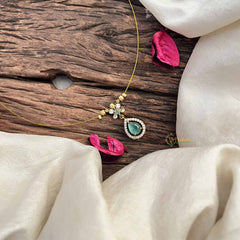 Vriksham Classic Pear Shape AD Stone Pendant Invisible Chain-Aqua Green-G20597