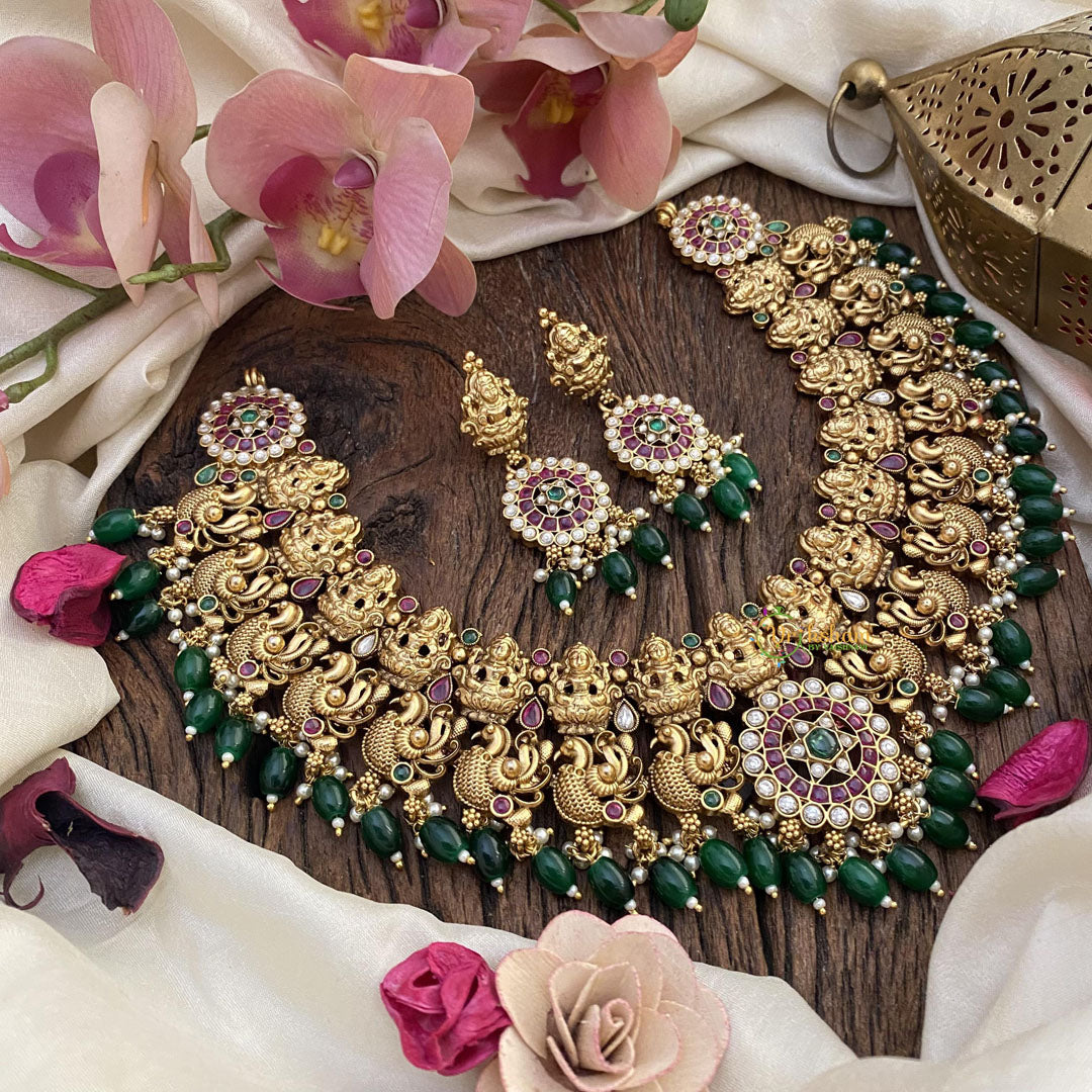 Vriksham Lakshmi And Peacock Short Neckpiece-Green Bead-G16462