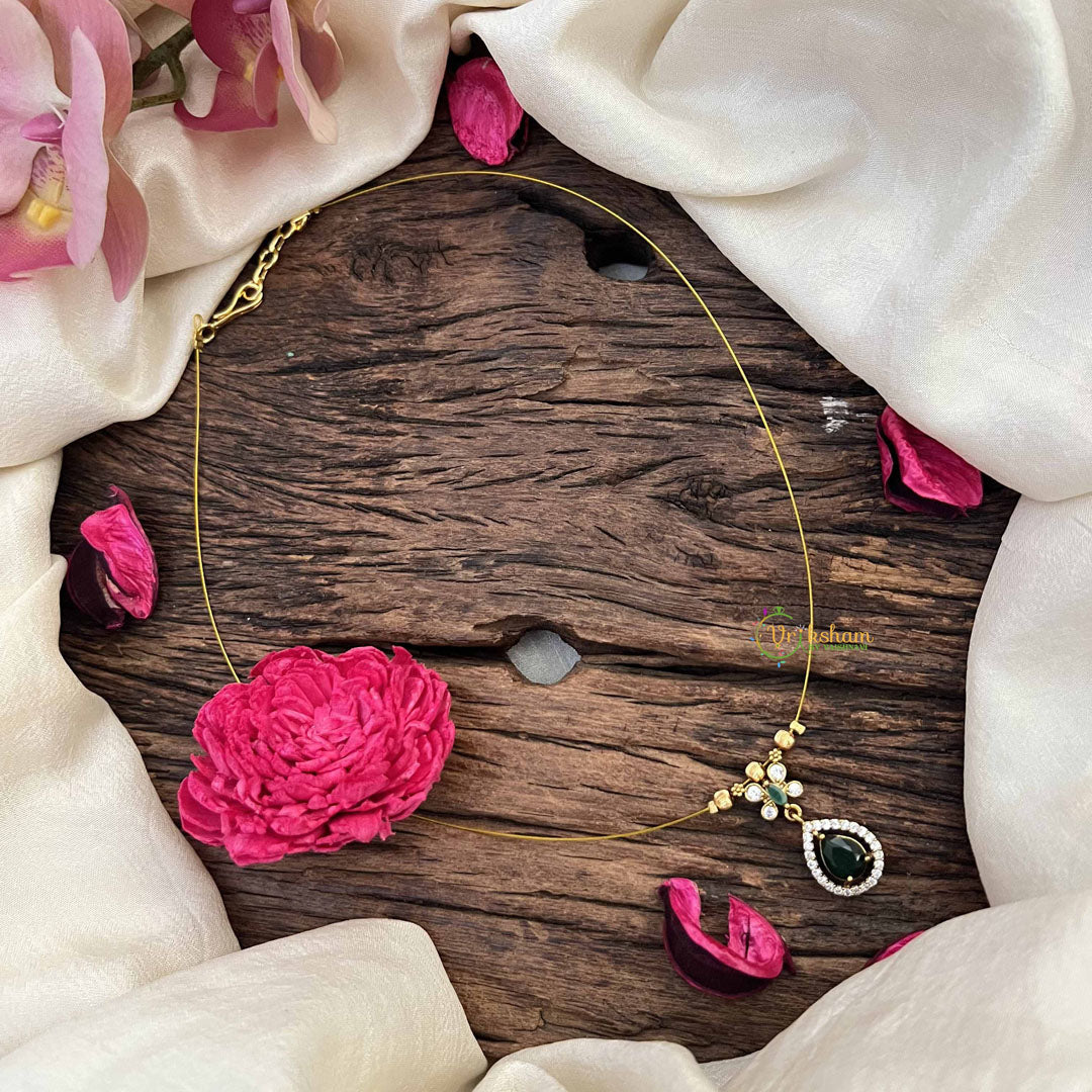 Vriksham Classic Pear Shape AD Stone Pendant Invisible Chain-Green-G20596