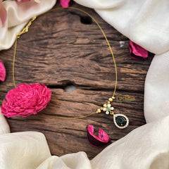 Vriksham Classic Pear Shape AD Stone Pendant Invisible Chain-Green-G20596