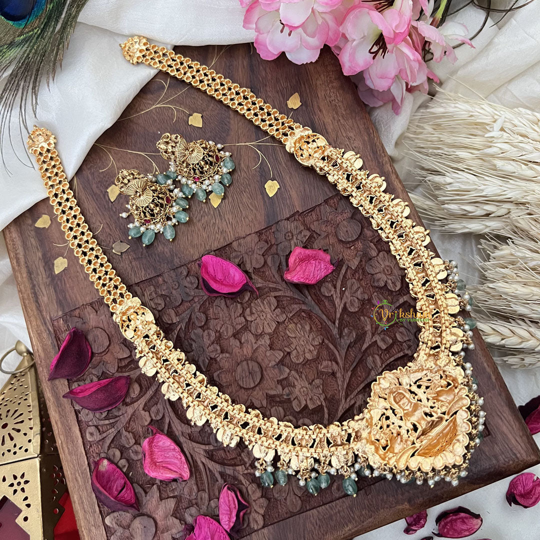 Vriksham Gold Look Alike Lakshmi Long Neckpiece-Red-Pastel Green Bead-G18095