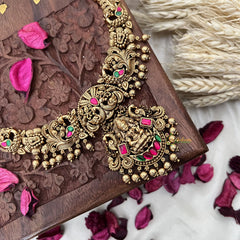 Vriksham Gold Look Alike Lakshmi with Dual Peacock Long Neckpiece-Red Green-Gold Bead-G18058