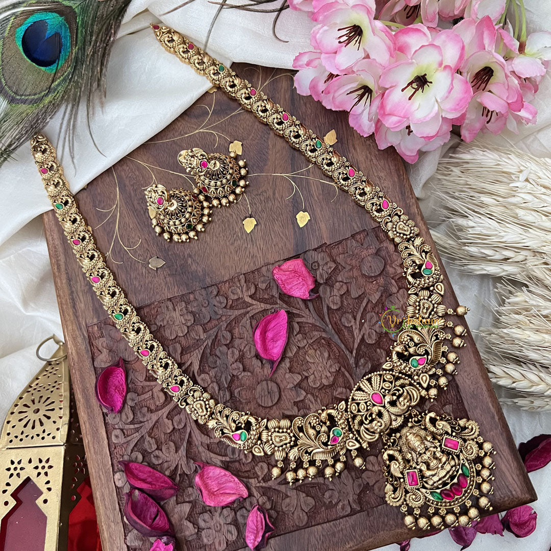 Vriksham Gold Look Alike Lakshmi with Dual Peacock Long Neckpiece-Red Green-Gold Bead-G18058