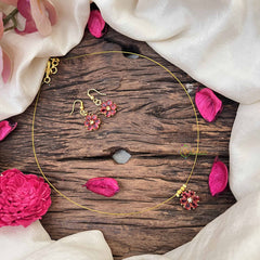 Vriksham Floral  Minakari Work Pendant Invisible Chain-Red-G20585