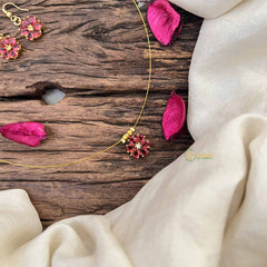 Vriksham Floral  Minakari Work Pendant Invisible Chain-Red-G20585