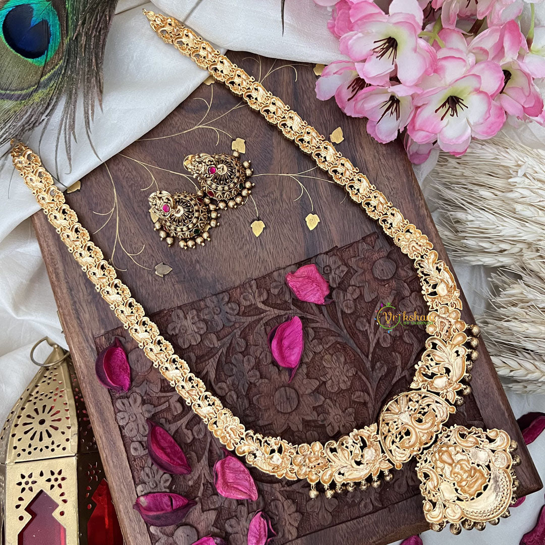 Vriksham Gold Look Alike Lakshmi with Dual Peacock Long Neckpiece-Red Green-Gold Bead-G18058
