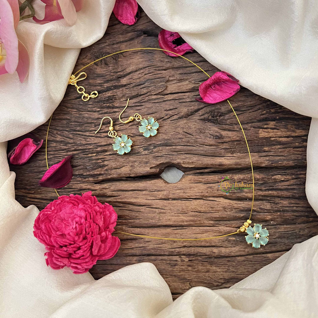 Vriksham Floral  Minakari Work Pendant Invisible Chain-Sky Color-G20587