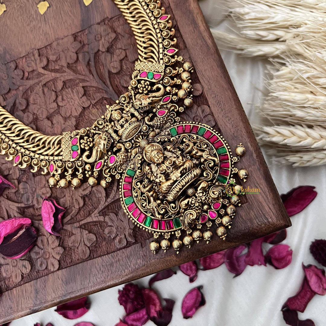 Vriksham Exquisite Jalebi Style Lakshmi Pendant Long Neckpiece-Red Green-Gold Bead-G18098