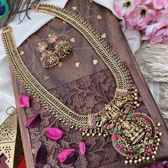 Vriksham Exquisite Jalebi Style Lakshmi Pendant Long Neckpiece-Red Green-Gold Bead-G18098