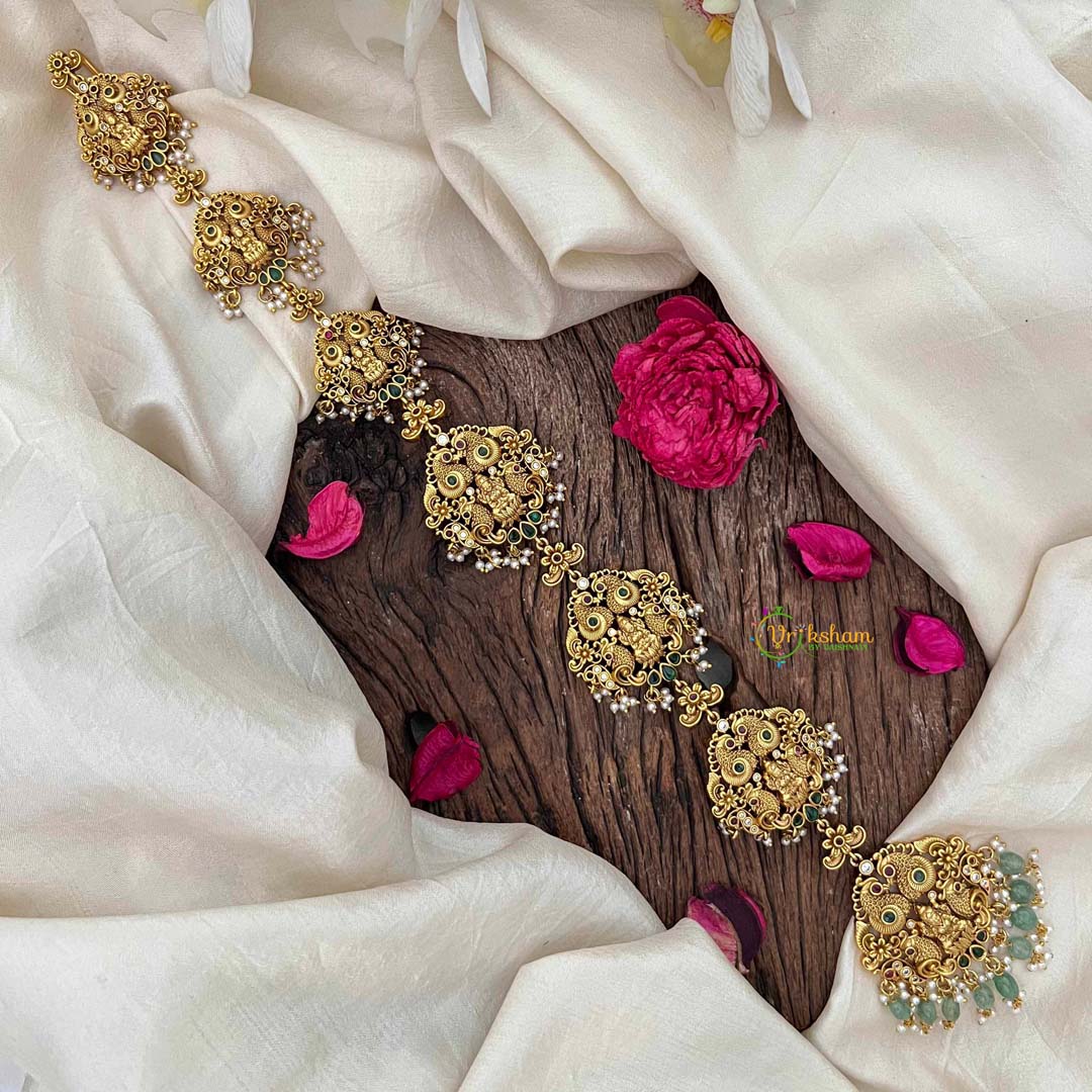 Vriksham Traditional Matte Gold Goddess Lakshmi Braid Accessory With Pearls Jada Billai-Green-Green Bead-G21380