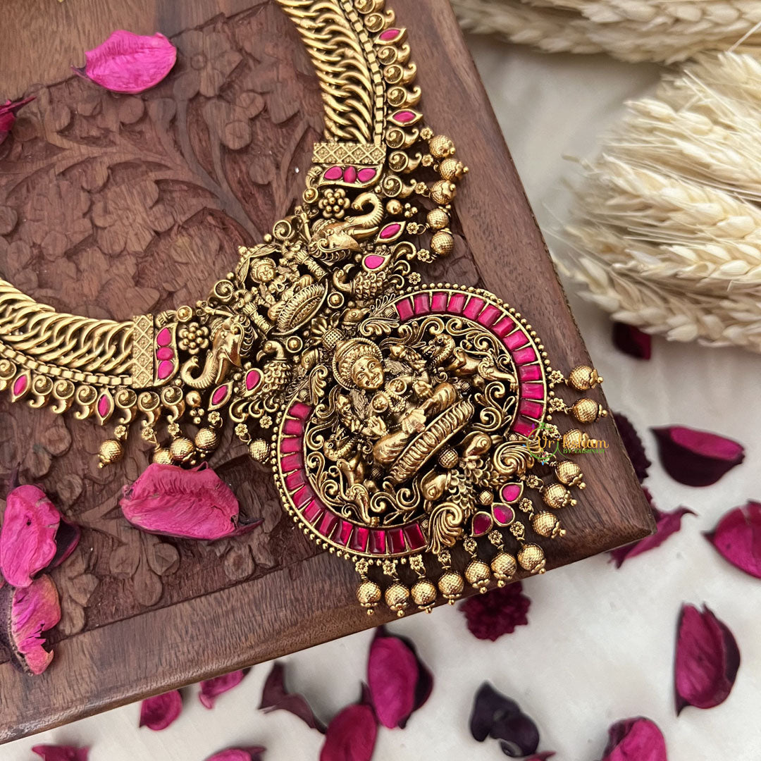 Vriksham Exquisite Jalebi Style Lakshmi Pendant Long Neckpiece-Red-Gold Bead-G18100