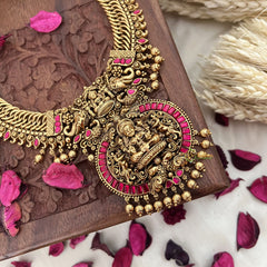 Vriksham Exquisite Jalebi Style Lakshmi Pendant Long Neckpiece-Red-Gold Bead-G18100