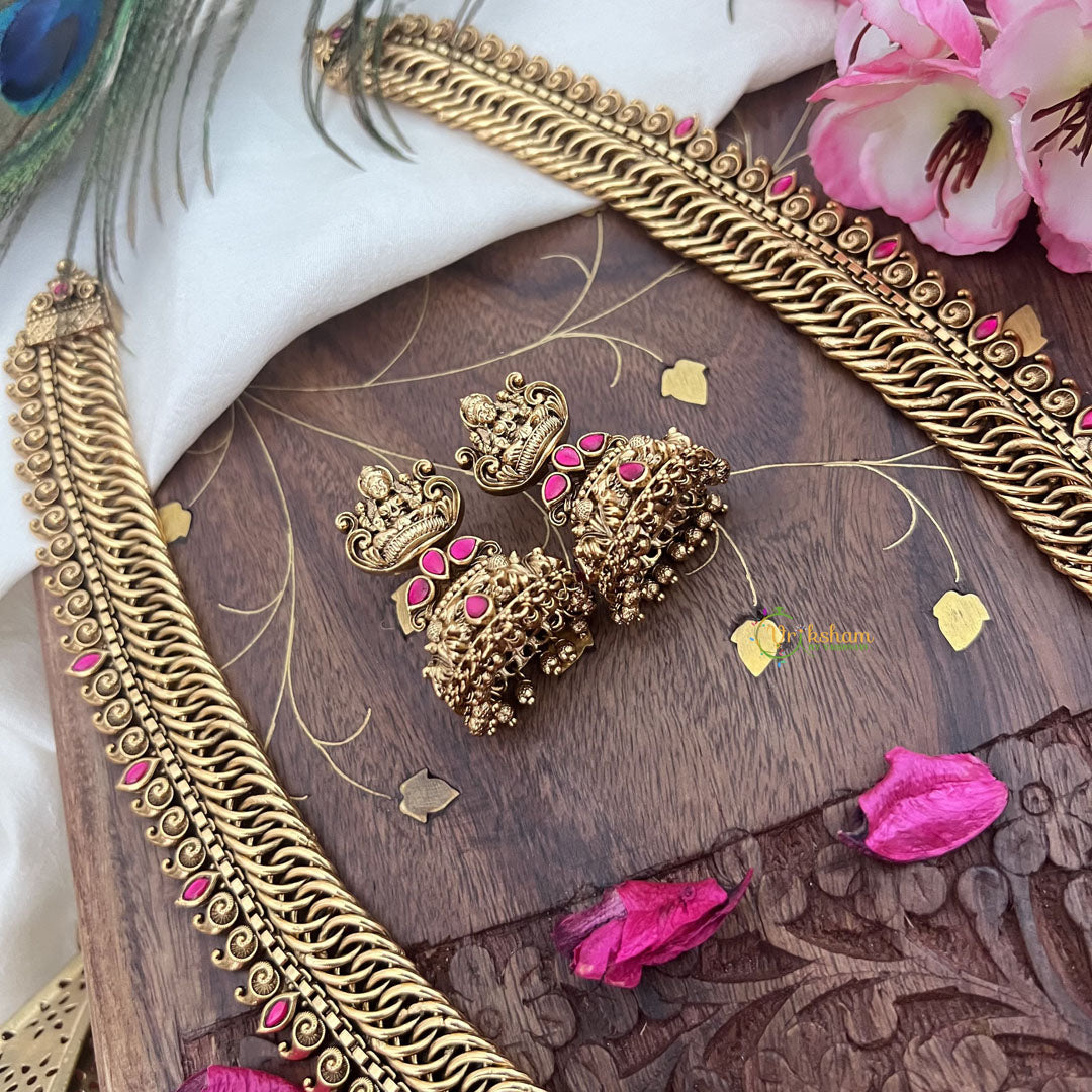 Vriksham Exquisite Jalebi Style Lakshmi Pendant Long Neckpiece-Red-Gold Bead-G18100
