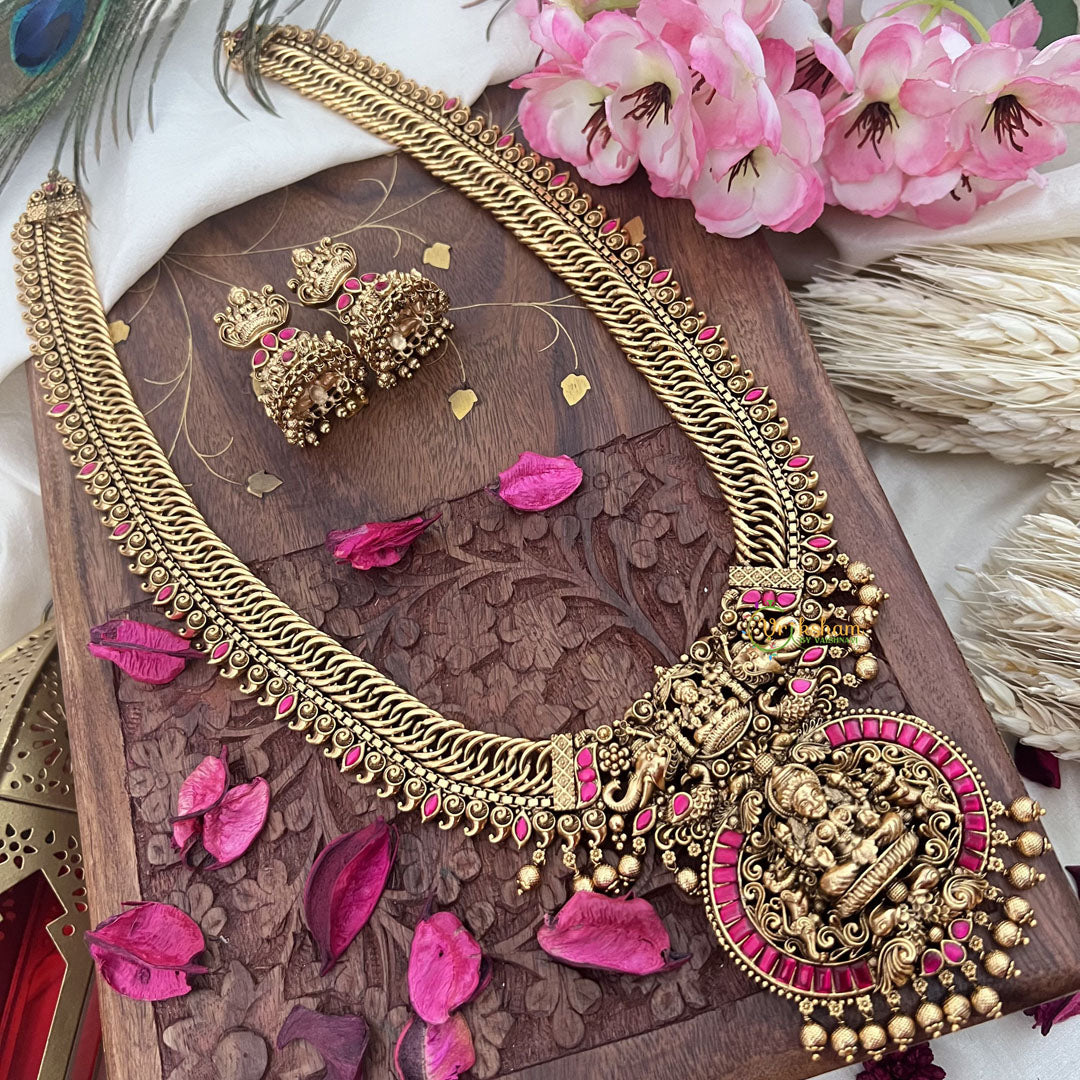 Vriksham Exquisite Jalebi Style Lakshmi Pendant Long Neckpiece-Red-Gold Bead-G18100