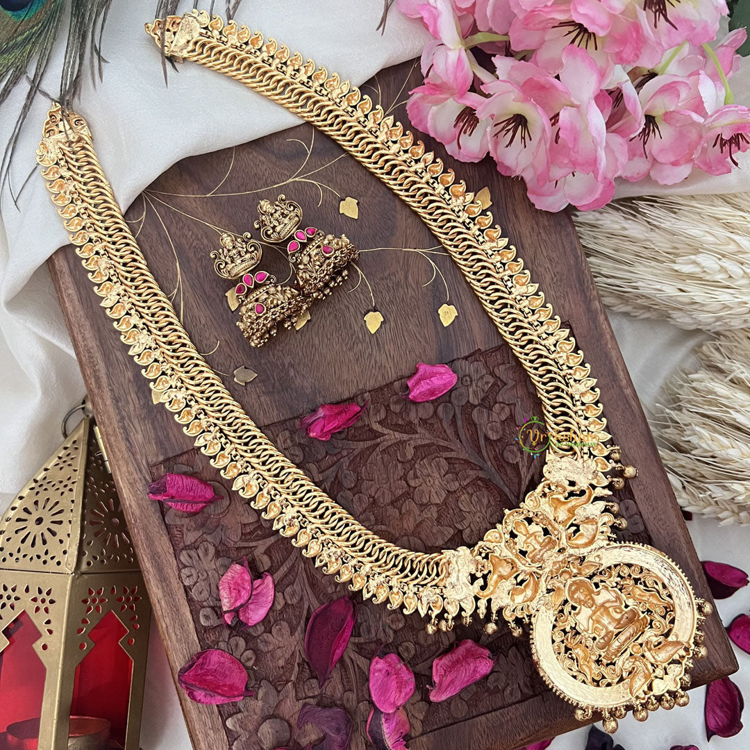 Vriksham Exquisite Jalebi Style Lakshmi Pendant Long Neckpiece-Red-Gold Bead-G18100