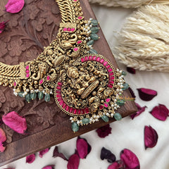 Vriksham Exquisite Jalebi Style Lakshmi Pendant Long Neckpiece-Red-Pastel Green Bead-G18101