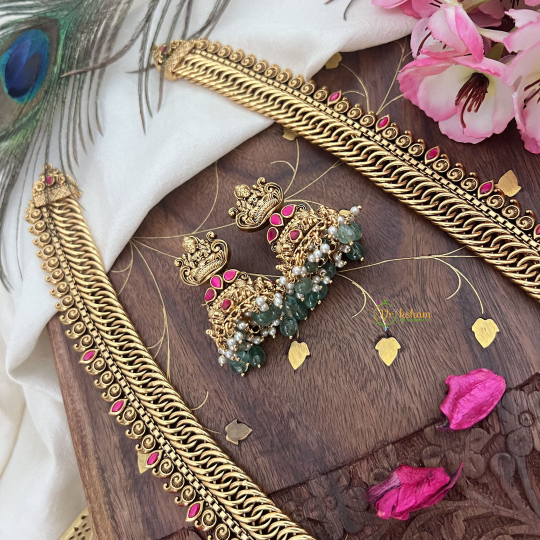 Vriksham Exquisite Jalebi Style Lakshmi Pendant Long Neckpiece-Red-Pastel Green Bead-G18101