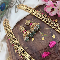 Vriksham Exquisite Jalebi Style Lakshmi Pendant Long Neckpiece-Red-Pastel Green Bead-G18101