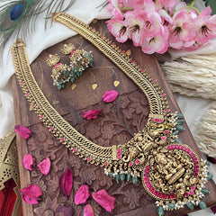 Vriksham Exquisite Jalebi Style Lakshmi Pendant Long Neckpiece-Red-Pastel Green Bead-G18101