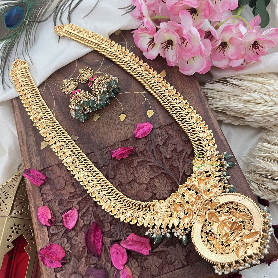 Vriksham Exquisite Jalebi Style Lakshmi Pendant Long Neckpiece-Red-Pastel Green Bead-G18101