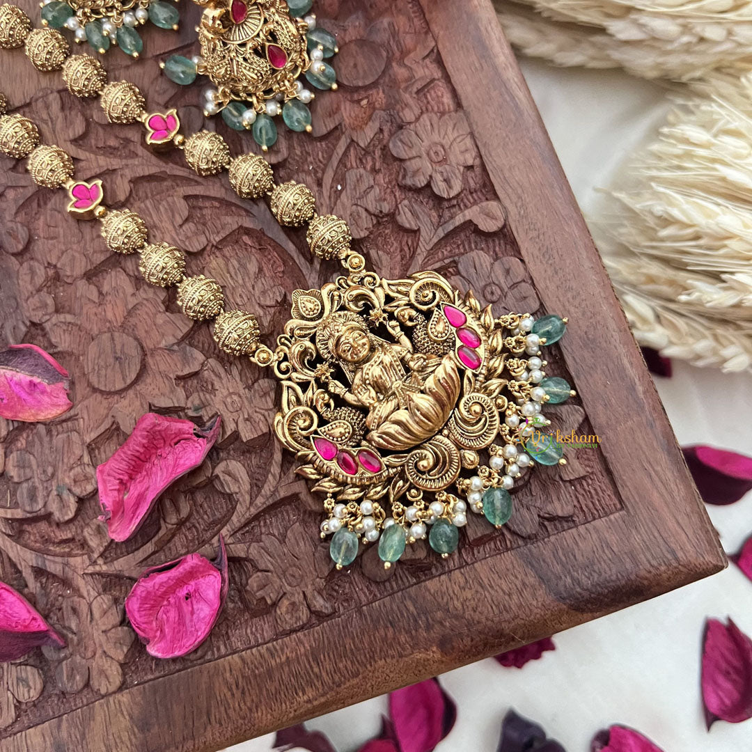 Vriksham Gold Look Alike Lakshmi Pendant Long Neckpiece-Red-Aqua Green Bead-G18038