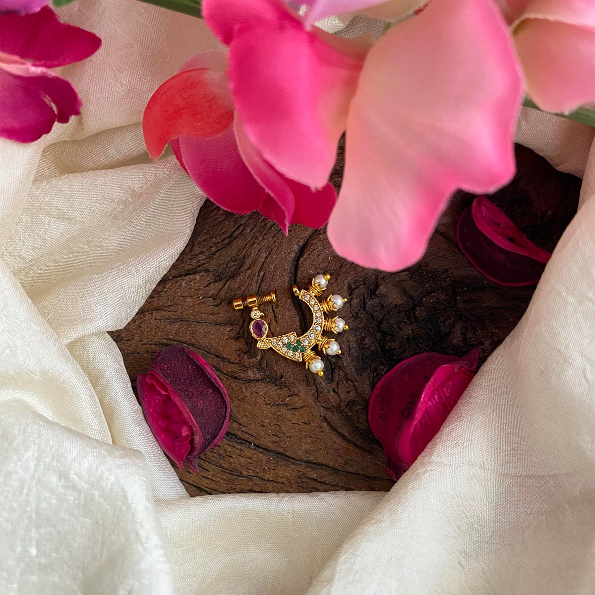 Unique Parrot AD Stone Nath / Nose pin-White Red Green-Pearl-G13821