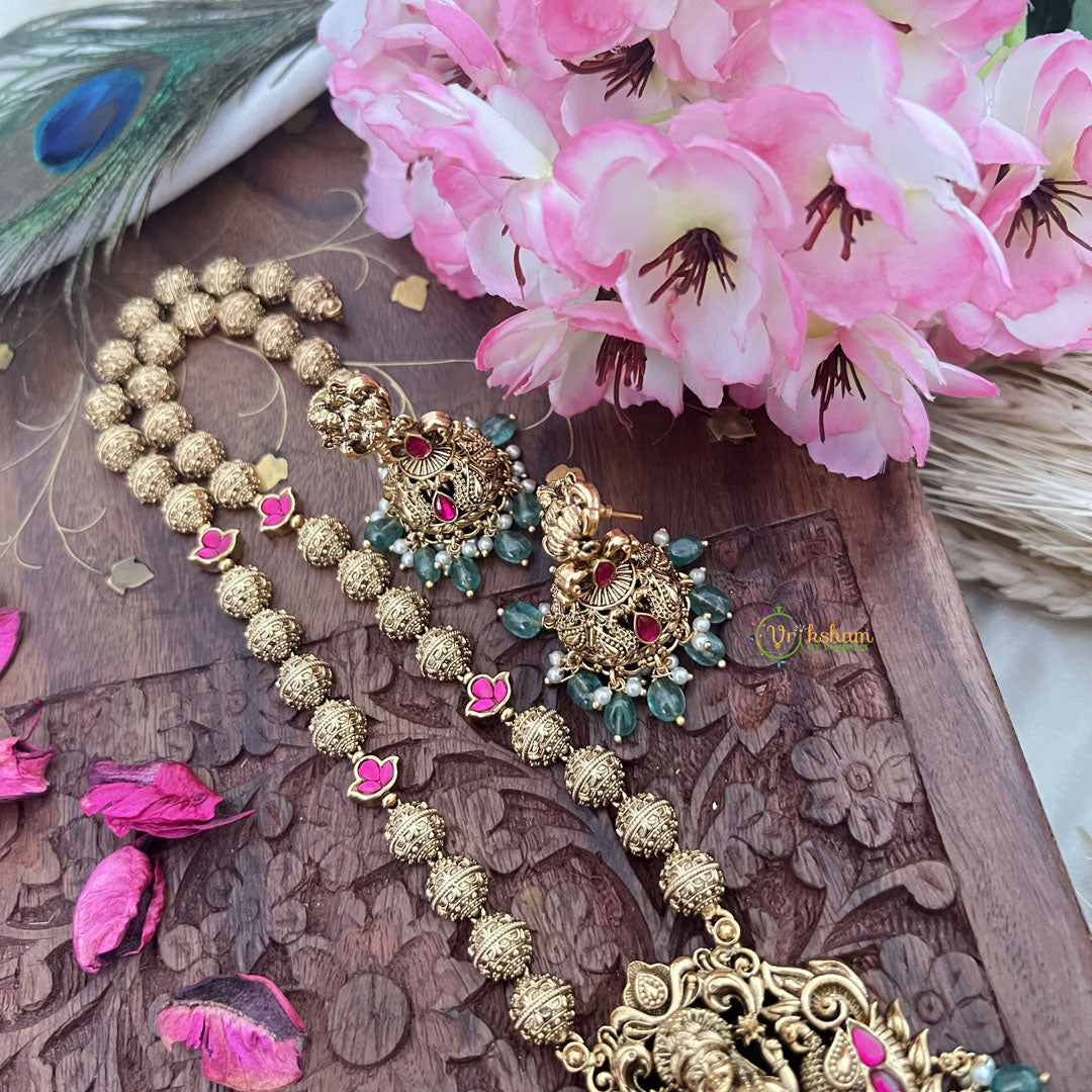 Vriksham Gold Look Alike Lakshmi Pendant Long Neckpiece-Red-Aqua Green Bead-G18038