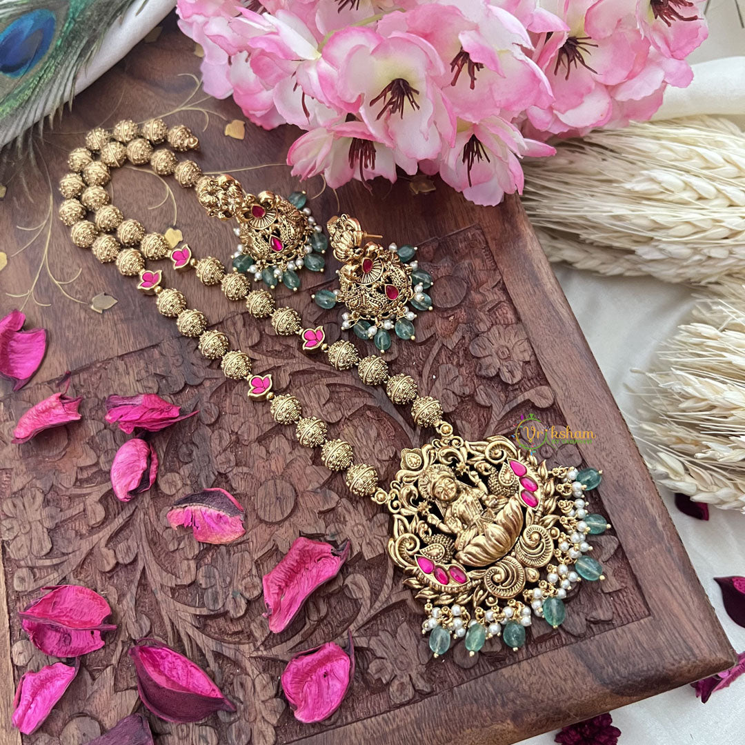 Vriksham Gold Look Alike Lakshmi Pendant Long Neckpiece-Red-Aqua Green Bead-G18038