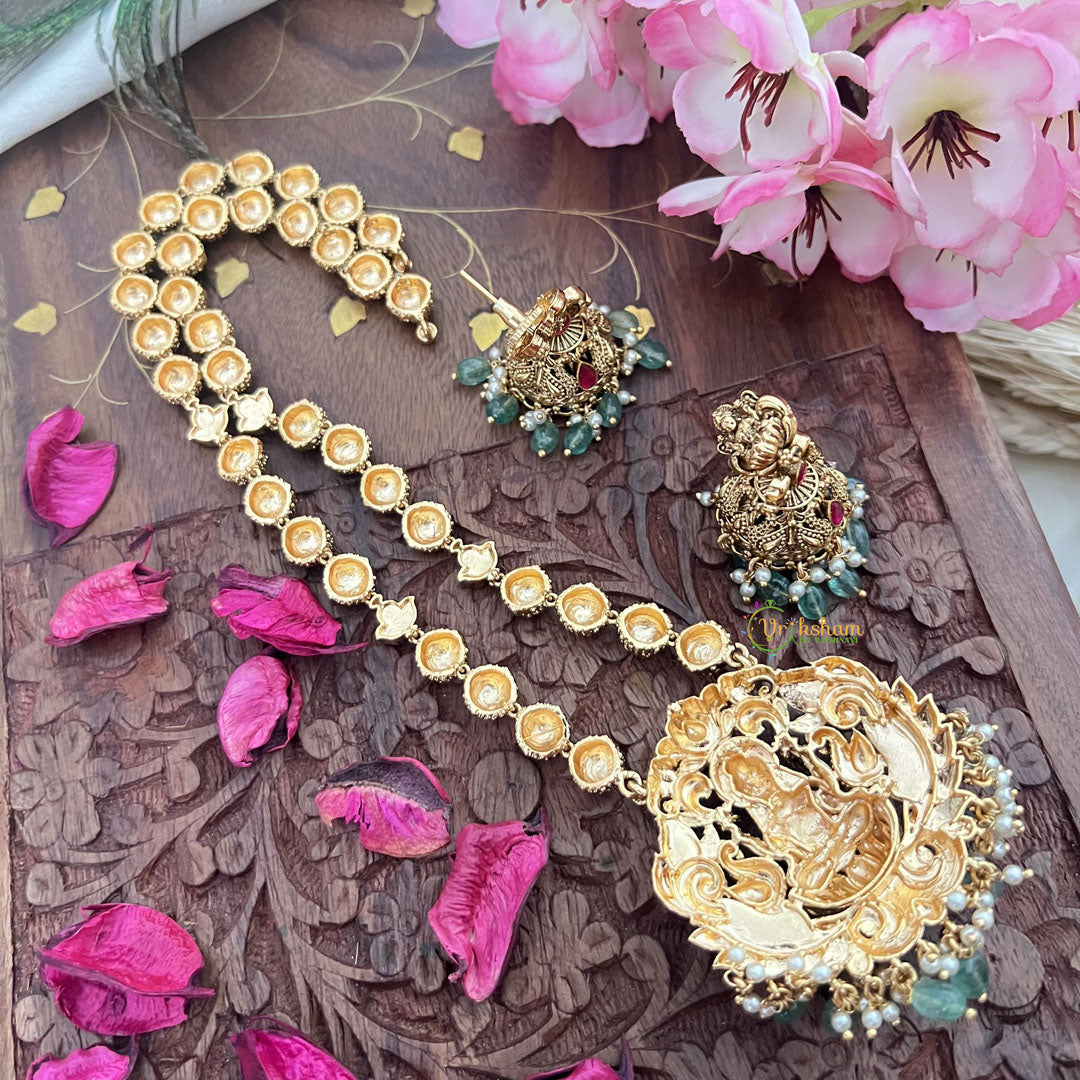 Vriksham Gold Look Alike Lakshmi Pendant Long Neckpiece-Red-Aqua Green Bead-G18038