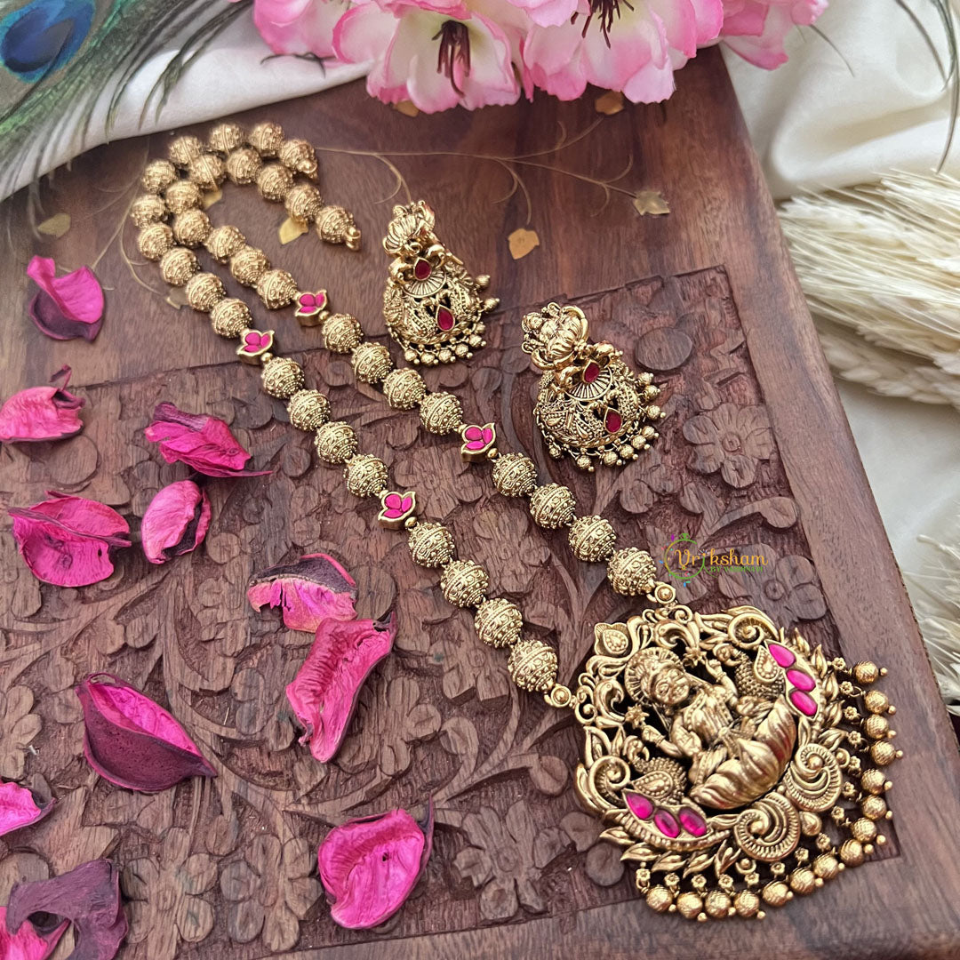 Vriksham Gold Look Alike Lakshmi Pendant Long Neckpiece-Red-Gold Bead-G18039