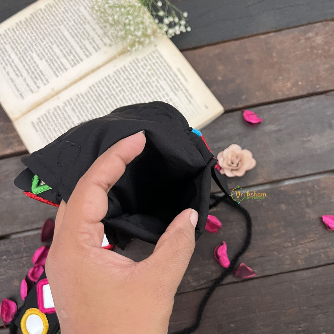 Vriksham Festival Vibes Embroidered With Mirror Mobile Pouch-Black-S1039