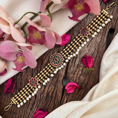 Vriksham Floral Red Green Stone Studded 3 Layer Gold Bead Chain Sheeshphool-Pearls-G21385