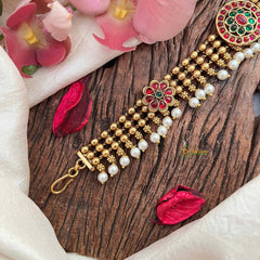 Vriksham Floral Red Green Stone Studded 3 Layer Gold Bead Chain Sheeshphool-Pearls-G21385