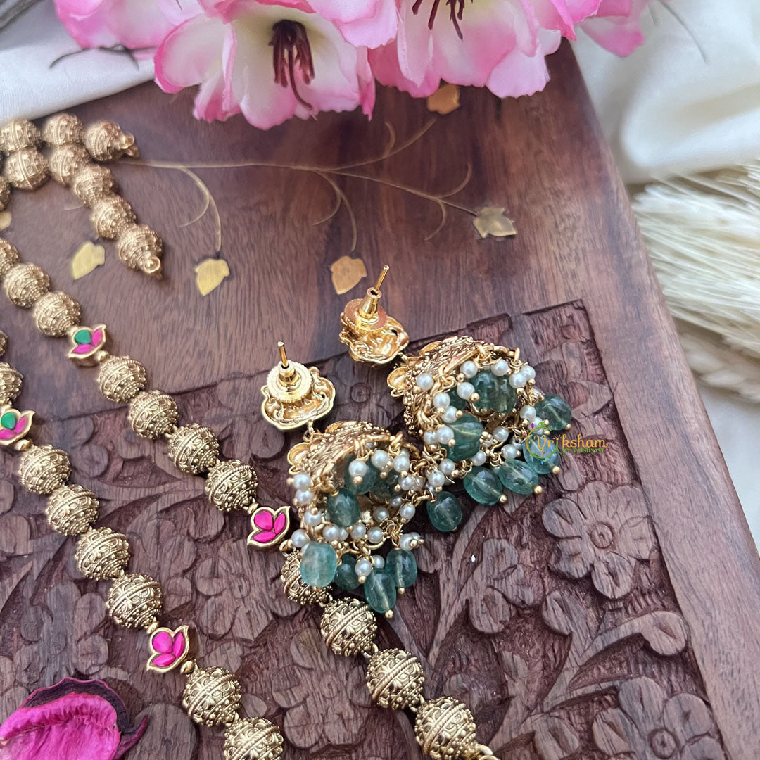 Vriksham Gold Look Alike Lakshmi Pendant Long Neckpiece-Red Green-Aqua Green Bead-G18037